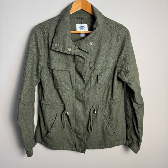 Old Navy Women's Zip Up Linen Field Jacket Collared Army Green Medium Outdoor - Picture 1 of 14